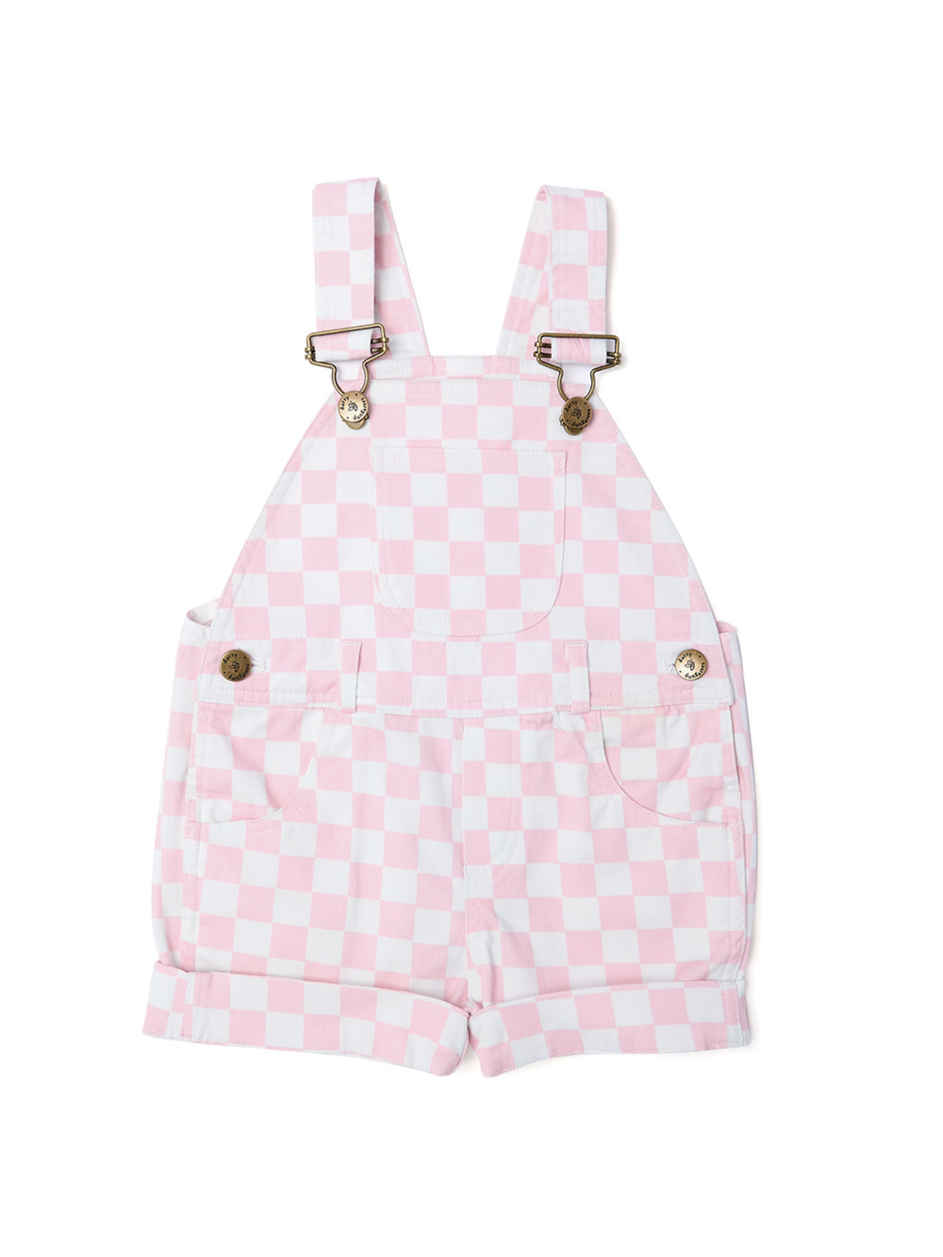  Dotty Dungarees Checkerboard Overall Shorts - Pink/White - Bonton