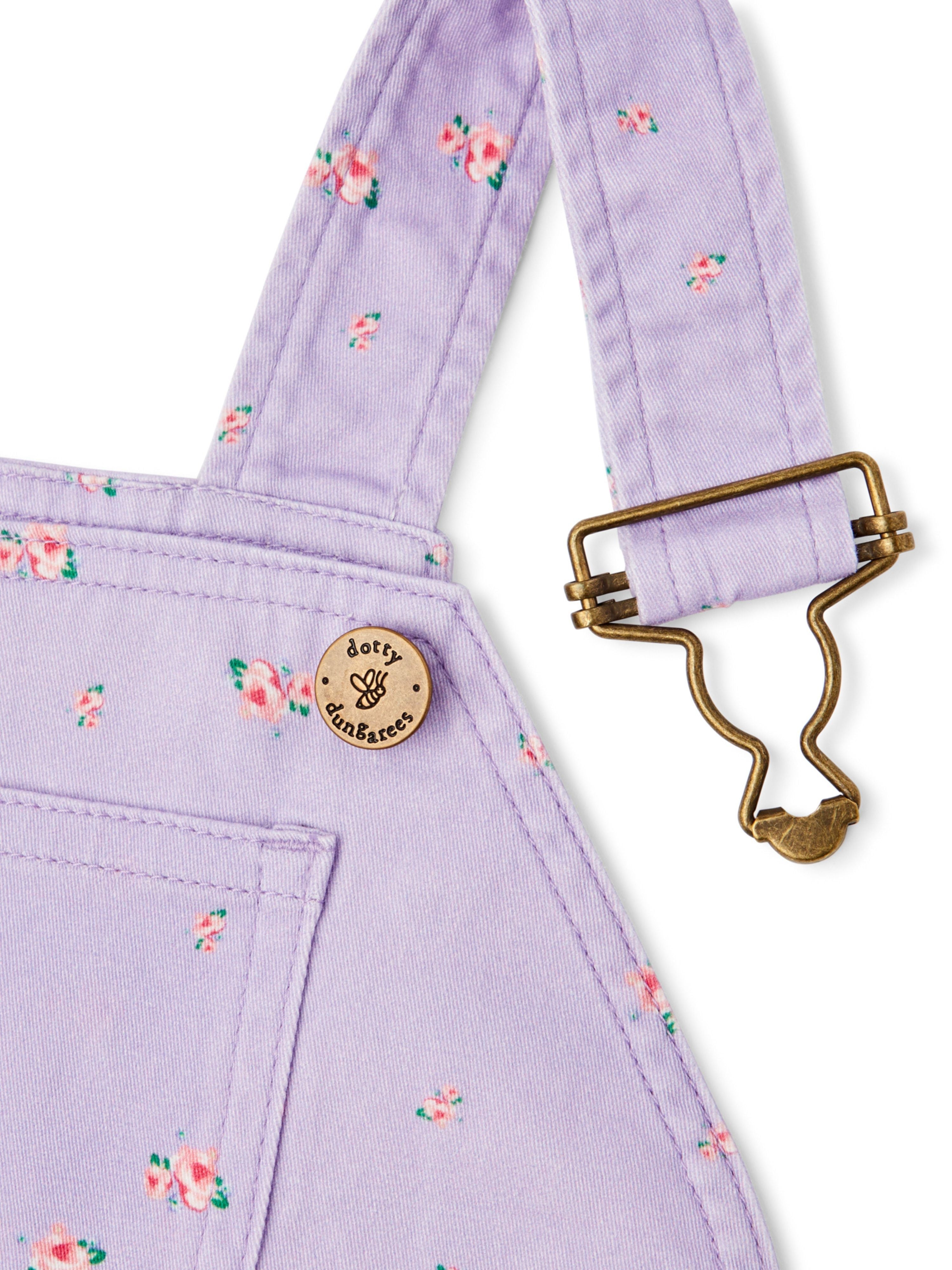  Dotty Dungarees Floral Summer Denim Overall Shorts - Lilac - Bonton