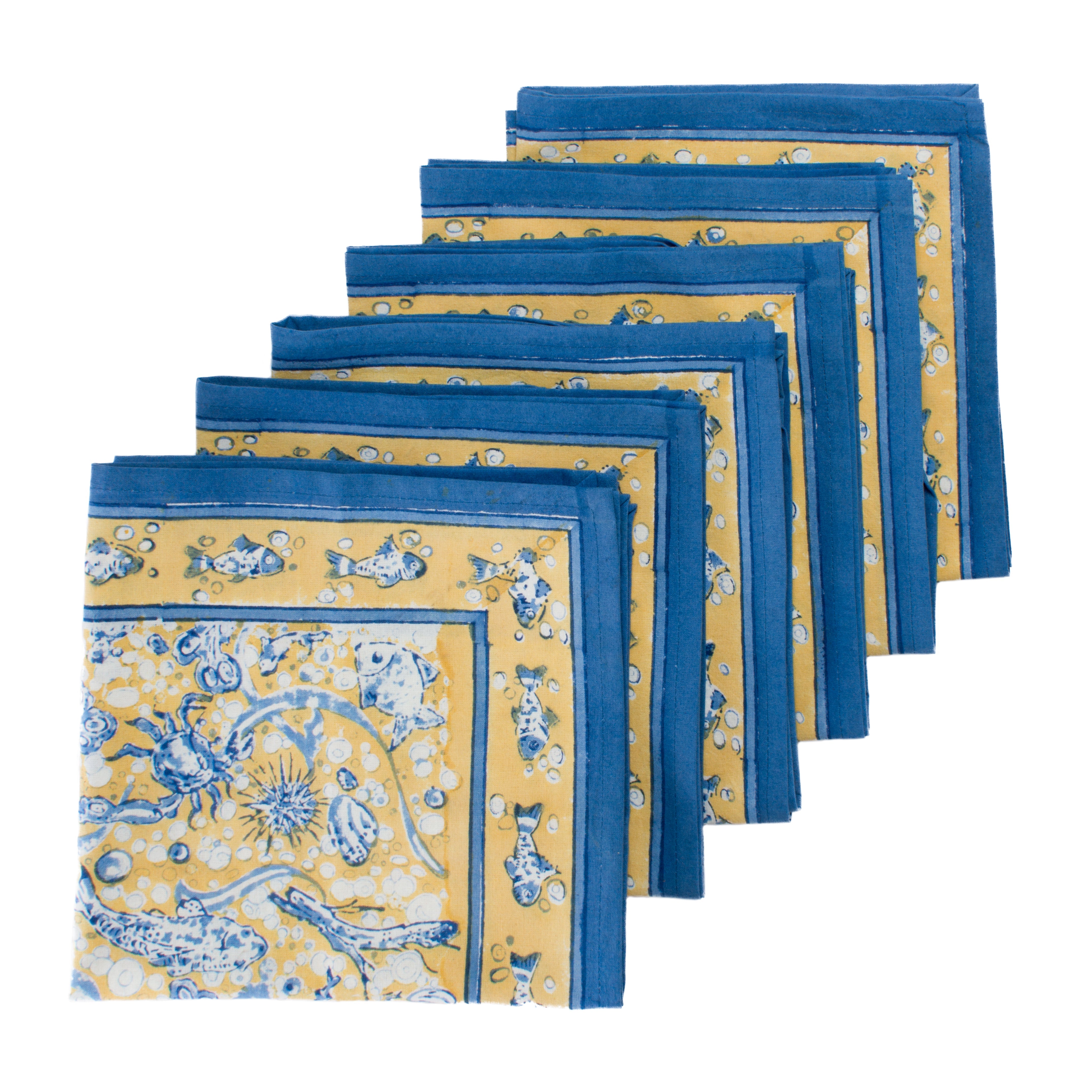  Couleur Nature La Mer Blue/Yellow Napkins Set of 6 - Blue/Yellow - Bonton