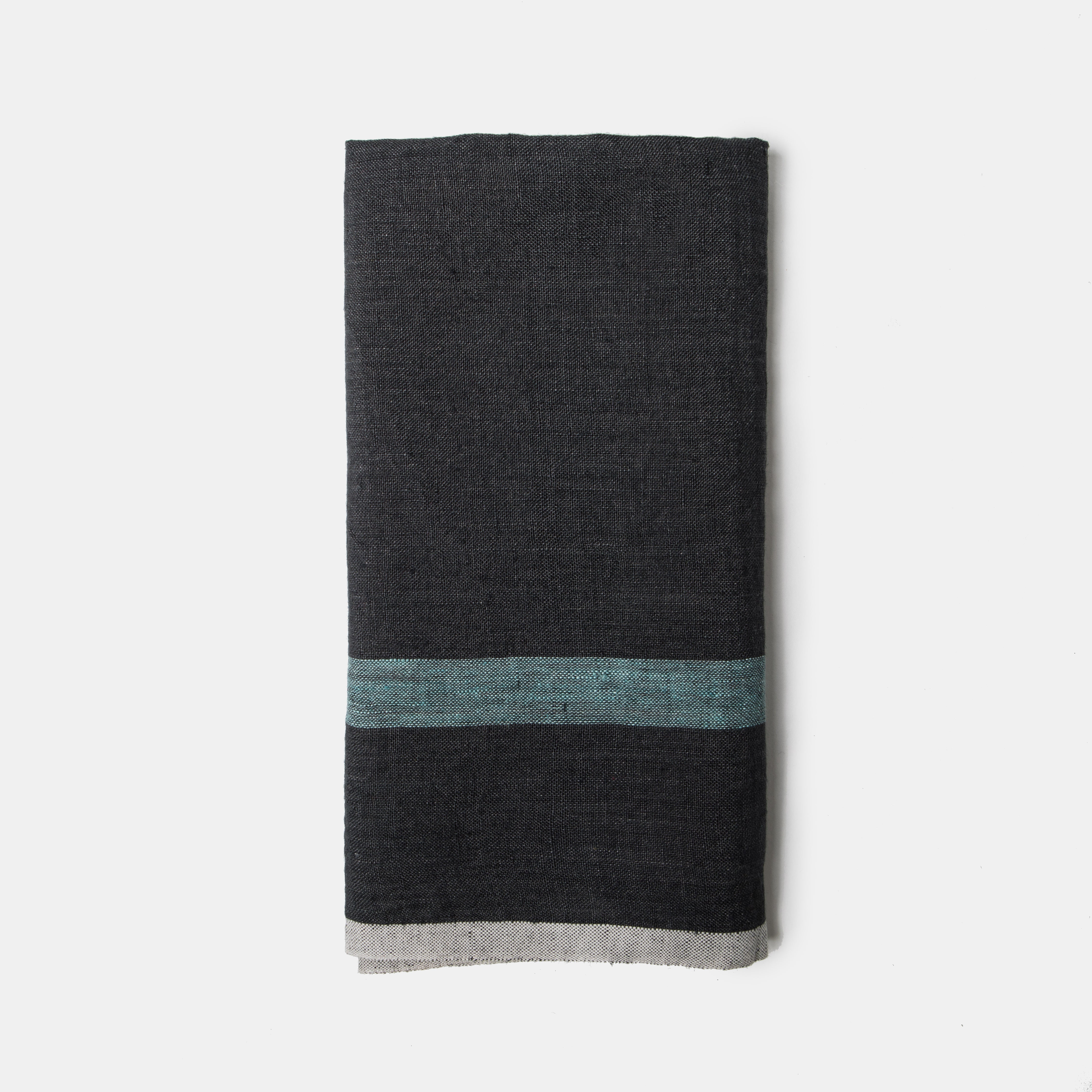  Couleur Nature Laundered Linen Towels Set of 2 - Charcoal / Aqua - Bonton