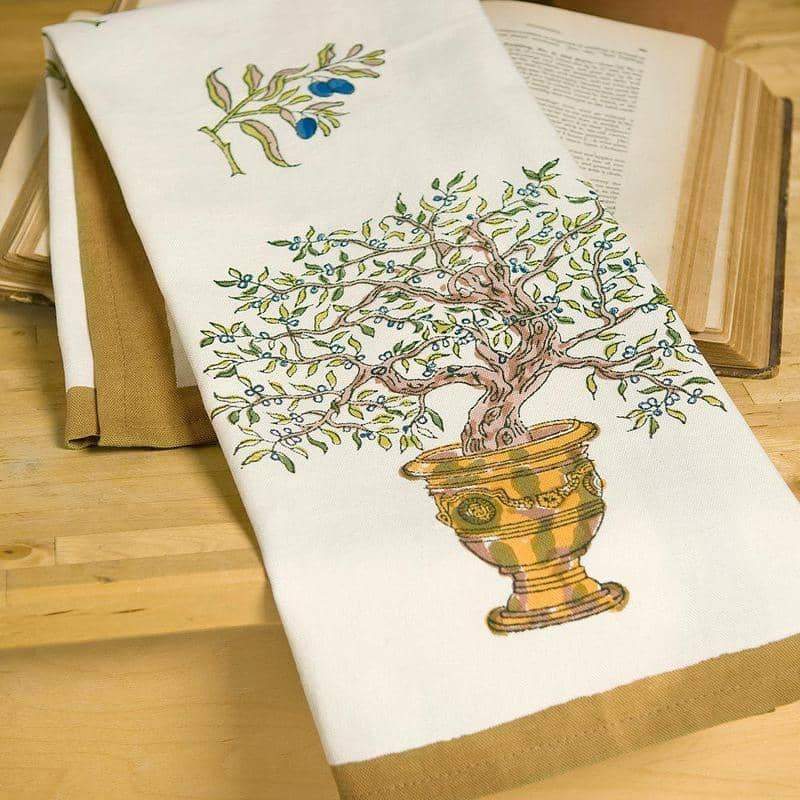  Couleur Nature Olive Tree Khaki/Blue Tea Towels Set of 3 - Khaki/Blue - Bonton