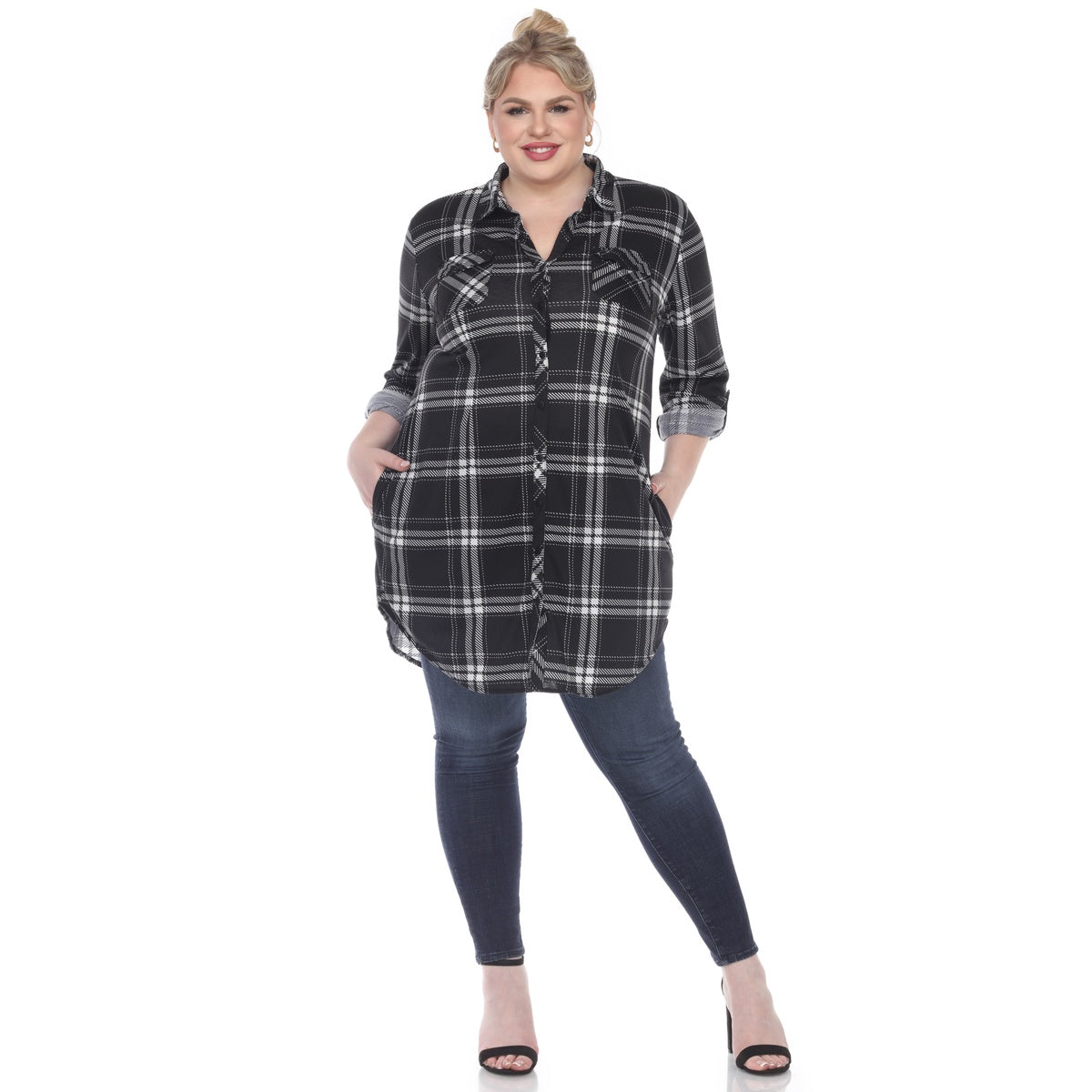  White Mark Plus Size Plaid Tunic Top - 1X - Bonton