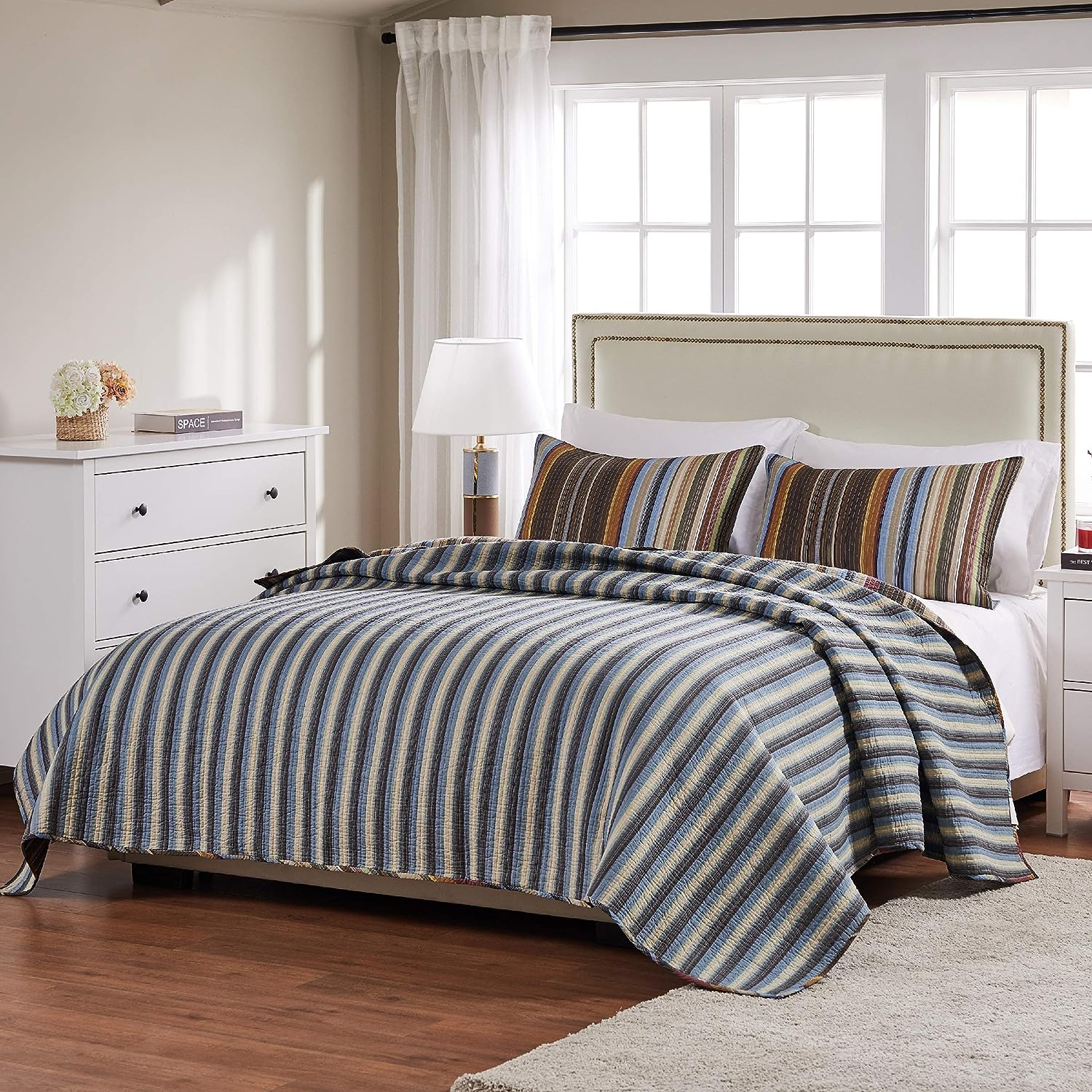  Greenland Home Fashions Durango Stripes Reversible Quilt Set - Earth - Bonton