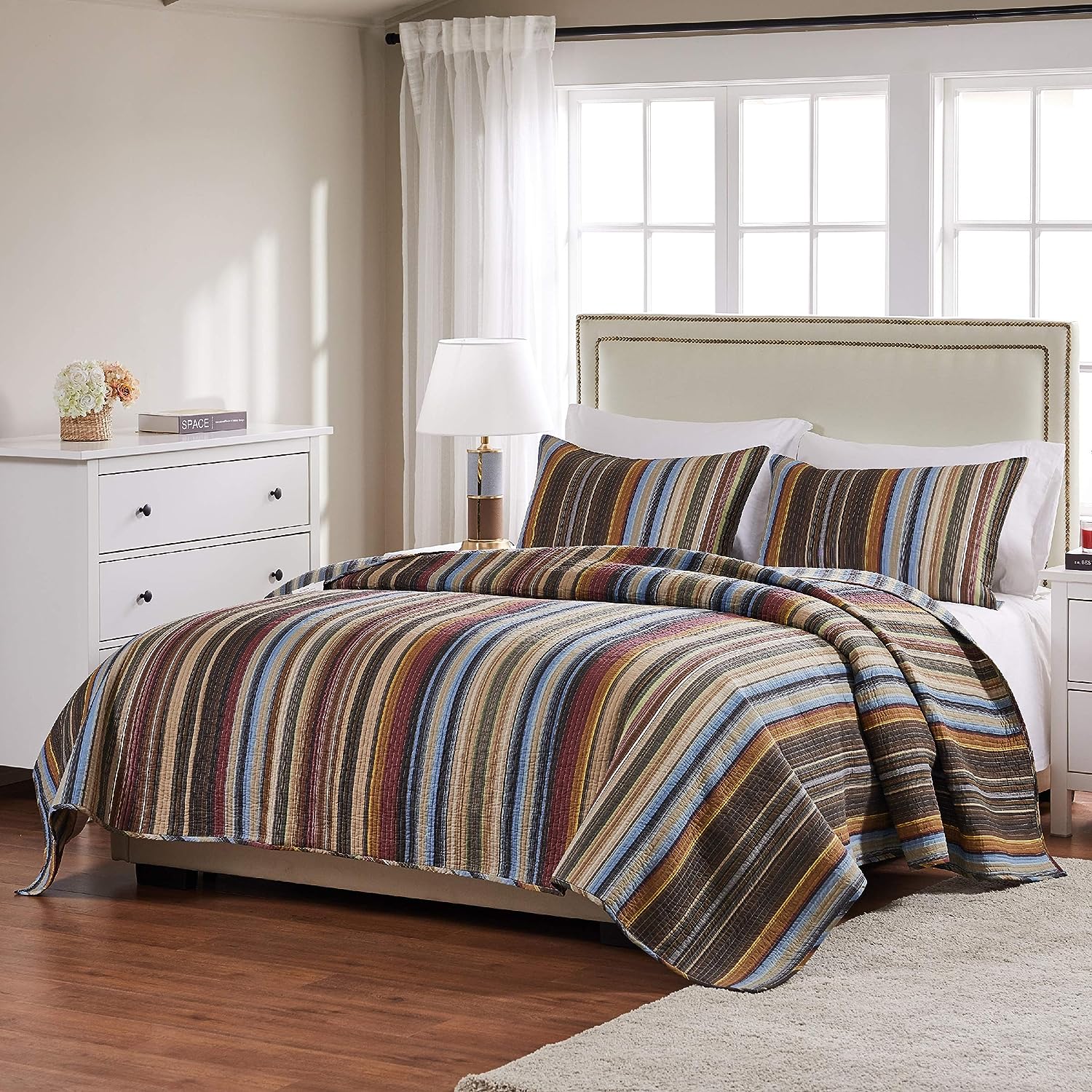  Greenland Home Fashions Durango Stripes Reversible Quilt Set - Earth - Bonton