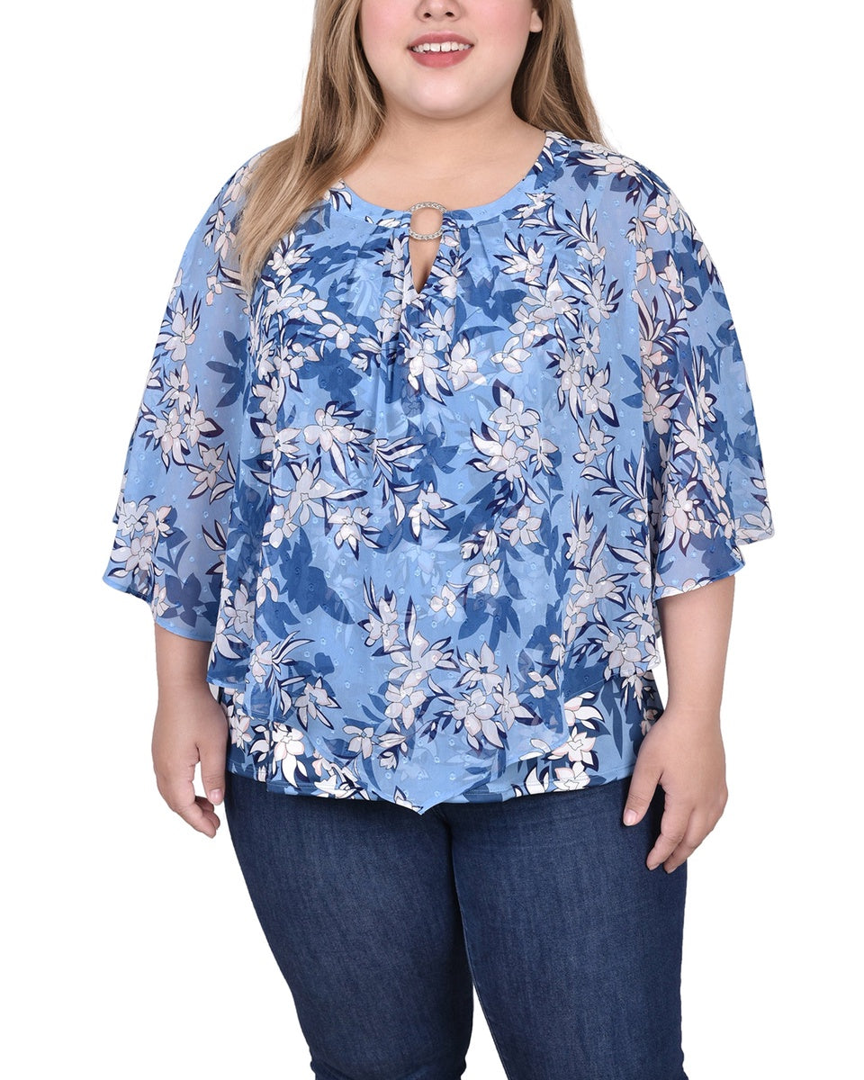  NY Collection Plus Size Chiffon Poncho Top With Ring - Ivory Floral - Bonton