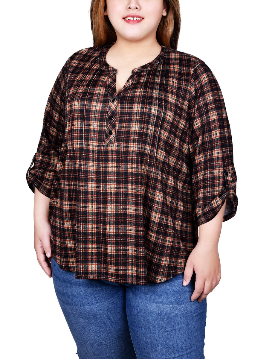  NY Collection Plus Size 3/4 Roll Sleeve Top - Black Grey Animal - Bonton