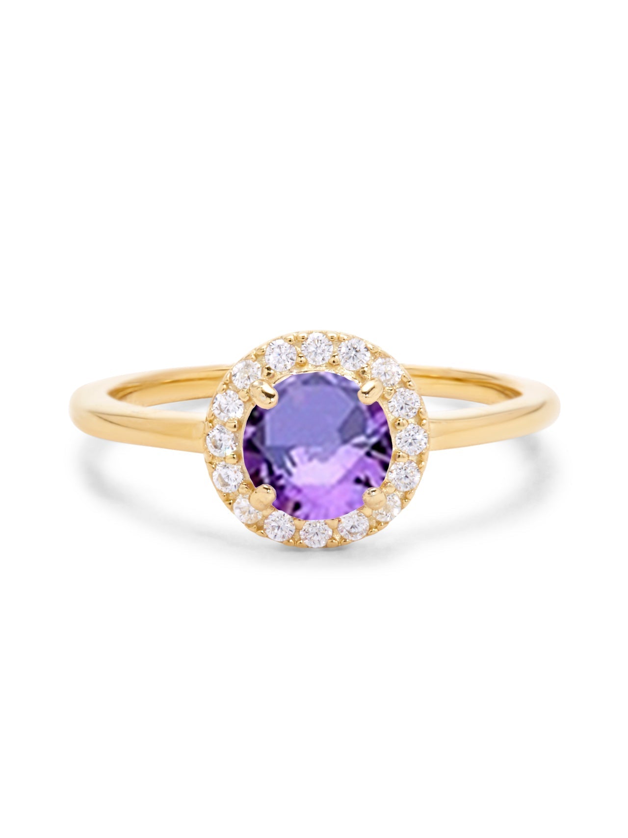  Relativity Gold Birthstone CZ Halo Ring - Purple-Feb - Bonton