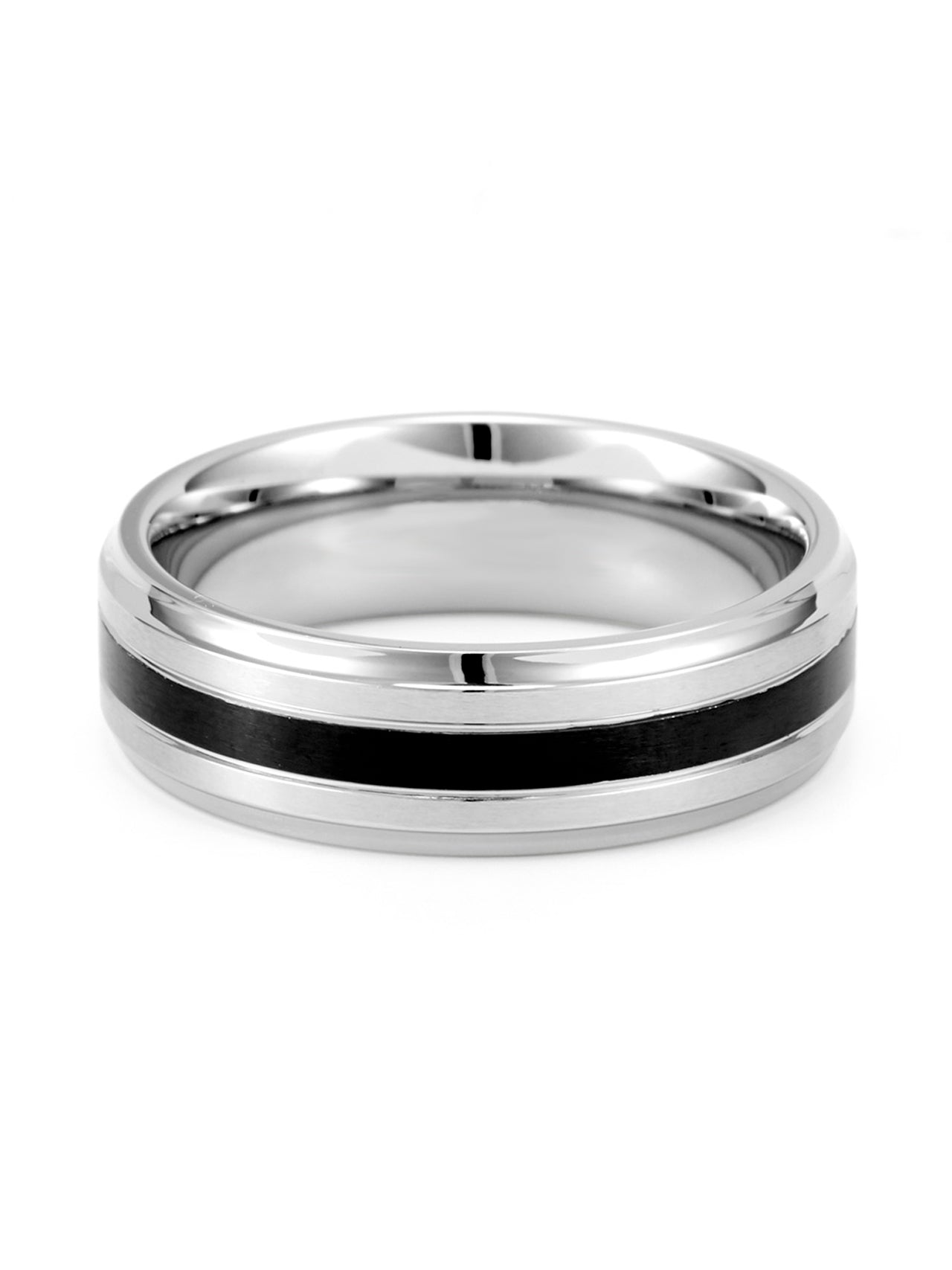  Kenneth Roberts Men's Single Black Inlay Band Ring - Silver - Bonton