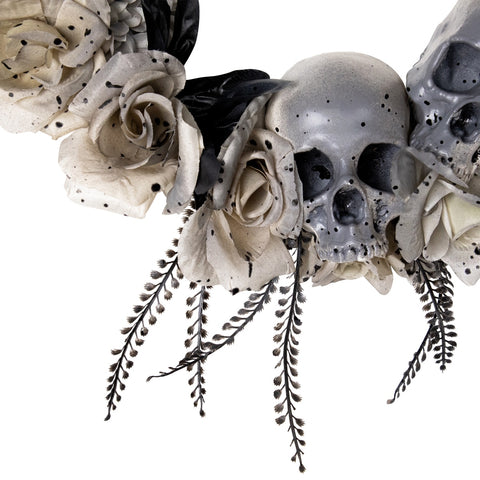 Double Skull and Gray Roses Halloween Wreath  16-Inch  Unlit