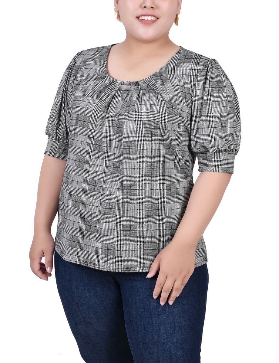  NY Collection Plus Size Short Sleeve Balloon Sleeve Top With Hardware - Black Taupe Zebra - Bonton