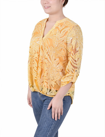 Long Sleeve Burnout Y Neck Blouse