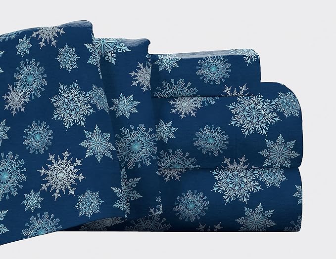  Pointehaven Solid & Print Flannel Sheet Sets - Snowflakes Navy - Snowflakes Navy - Bonton