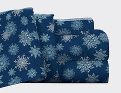 Solid & Print Flannel Sheet Sets - Snowflakes Navy