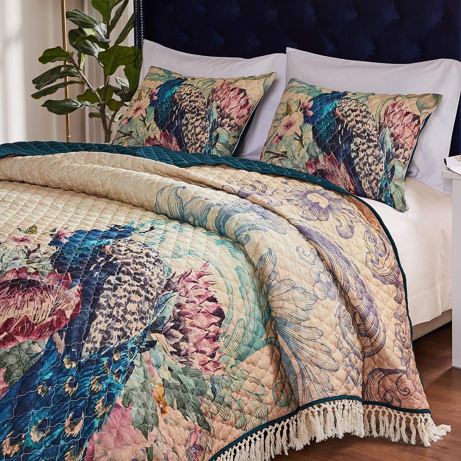  Greenland Home Fashions Eden Peacock Vintage Fringed Quilt Set - Ecru - Bonton