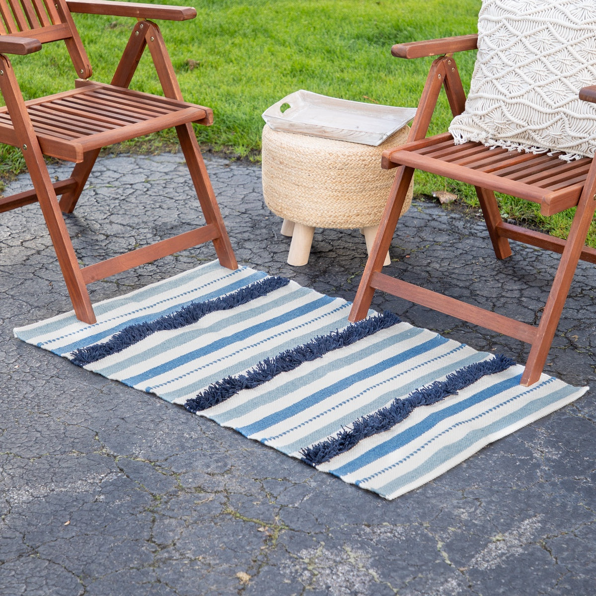  Northlight 3.5' X 2.25' Blue  Cream and Black Striped Handloom Woven Outdoor Accent Throw Rug - Default Title - Bonton