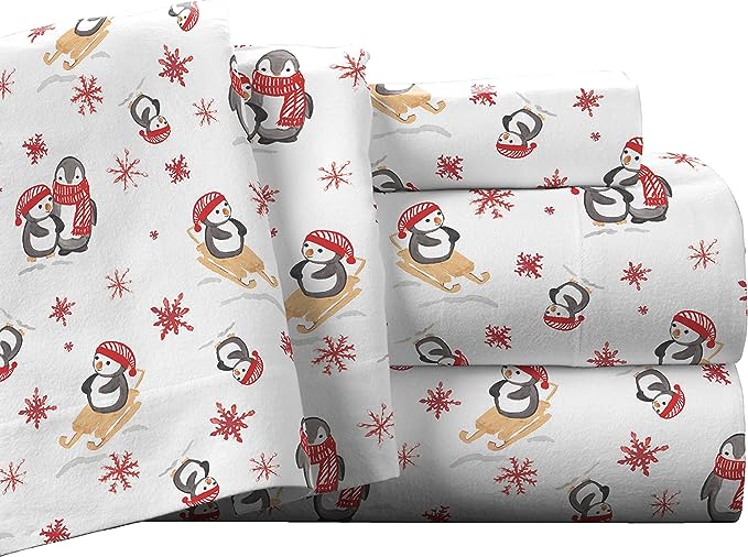  Pointehaven Solid & Print Flannel Sheet Sets - Penguin - Penguin - Bonton