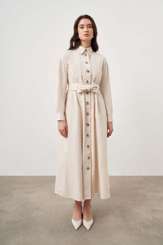 Mizalle-Button Up Belted Dress-Beige