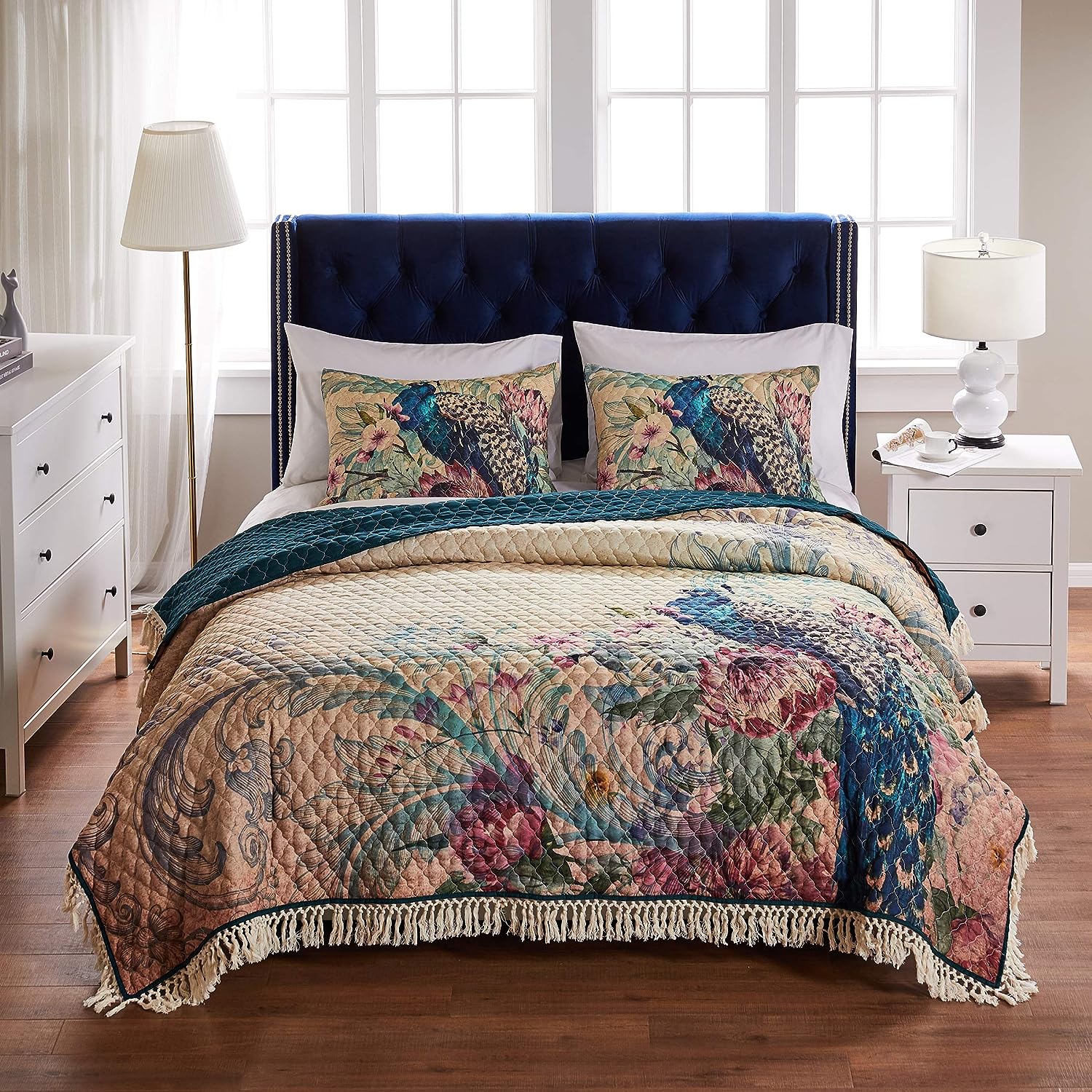  Greenland Home Fashions Eden Peacock Vintage Fringed Quilt Set - Ecru - Bonton