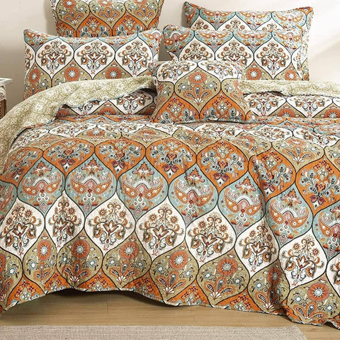 DaDa Bedding Bohemian Floral Paisley Garden Coral Teal Quilted Bedspread Set (LH1403) by DaDa Bedding Collection