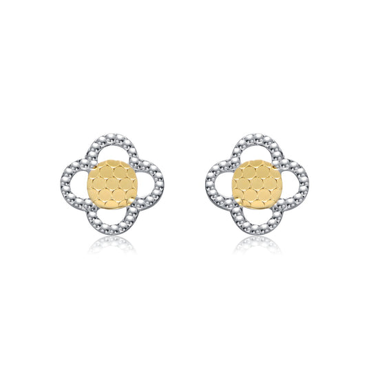 Two-Tone Milgrain Medallion Flower Stud Earrings, White Gold Plated or 14K Gold Plated