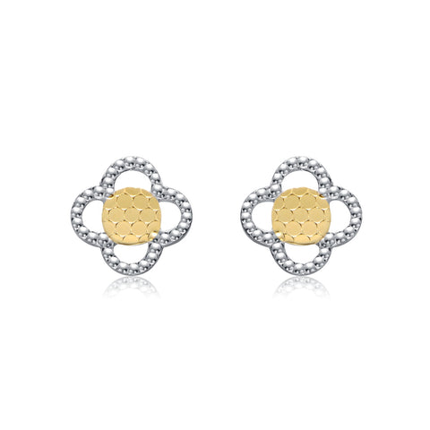 Two-Tone Milgrain Medallion Flower Stud Earrings, White Gold Plated or 14K Gold Plated