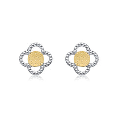 Two-Tone Milgrain Medallion Flower Stud Earrings, White Gold Plated or 14K Gold Plated