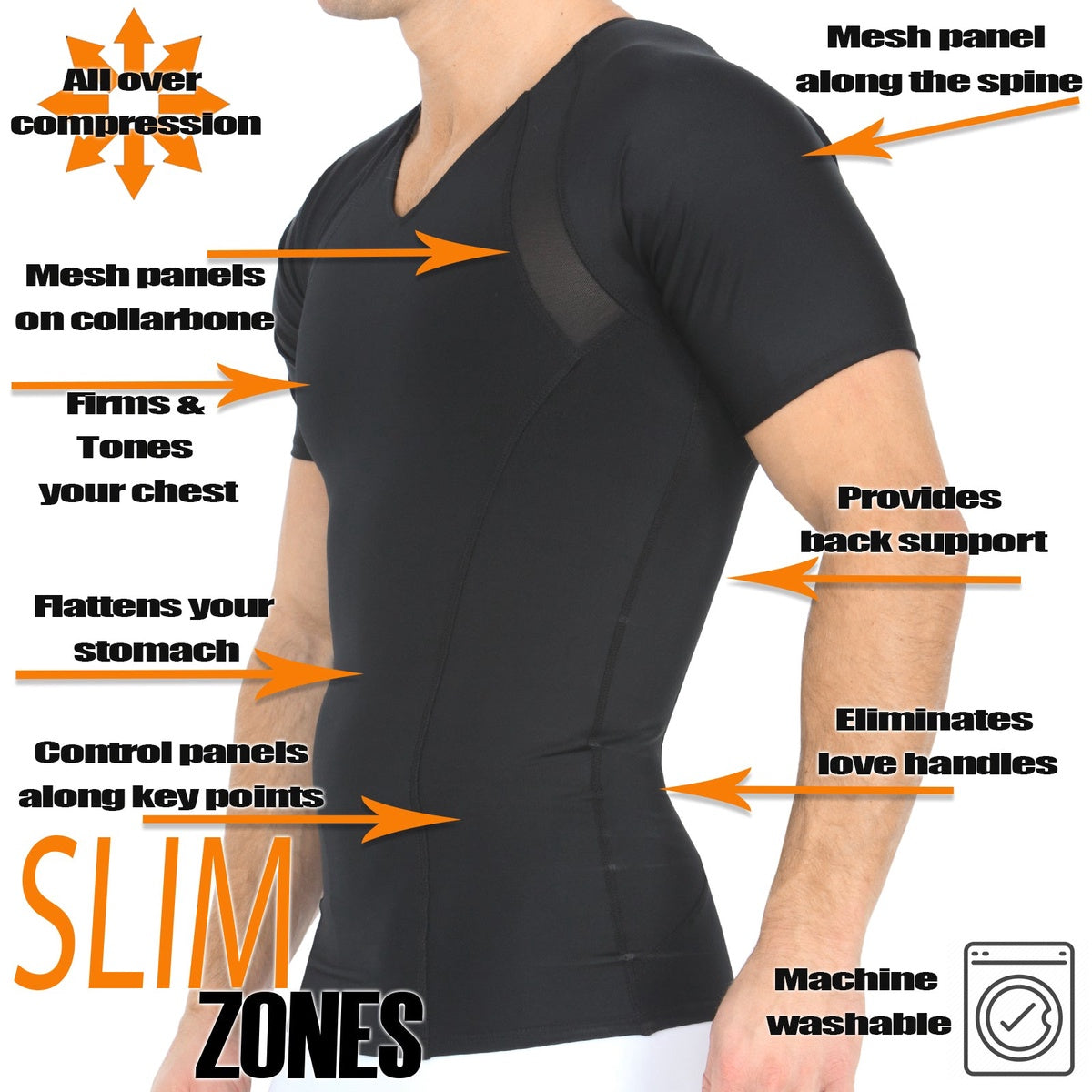  InstantFigure Insta Slim Compression Side & Back Power Mesh Panel V_Neck Shirt VS2307 - White - Bonton