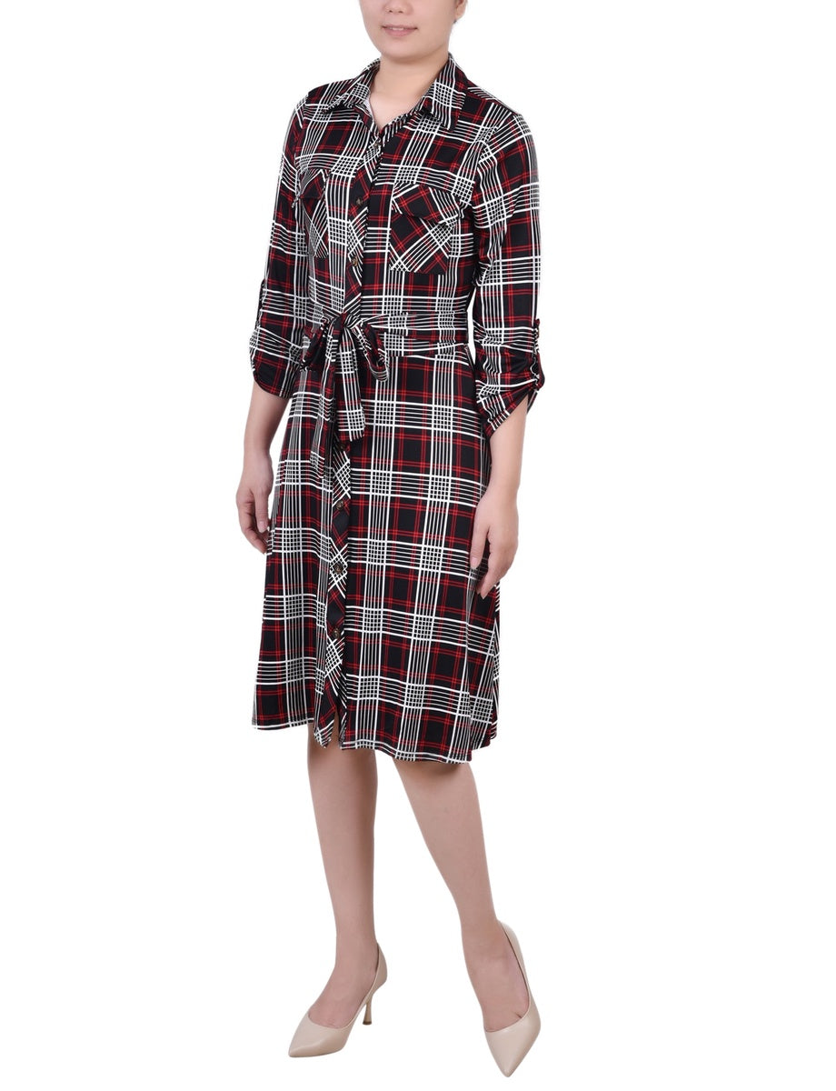  NY Collection Petite 3/4 Slv Roll Tab Shirtdress - Black Gold Harlie - Bonton