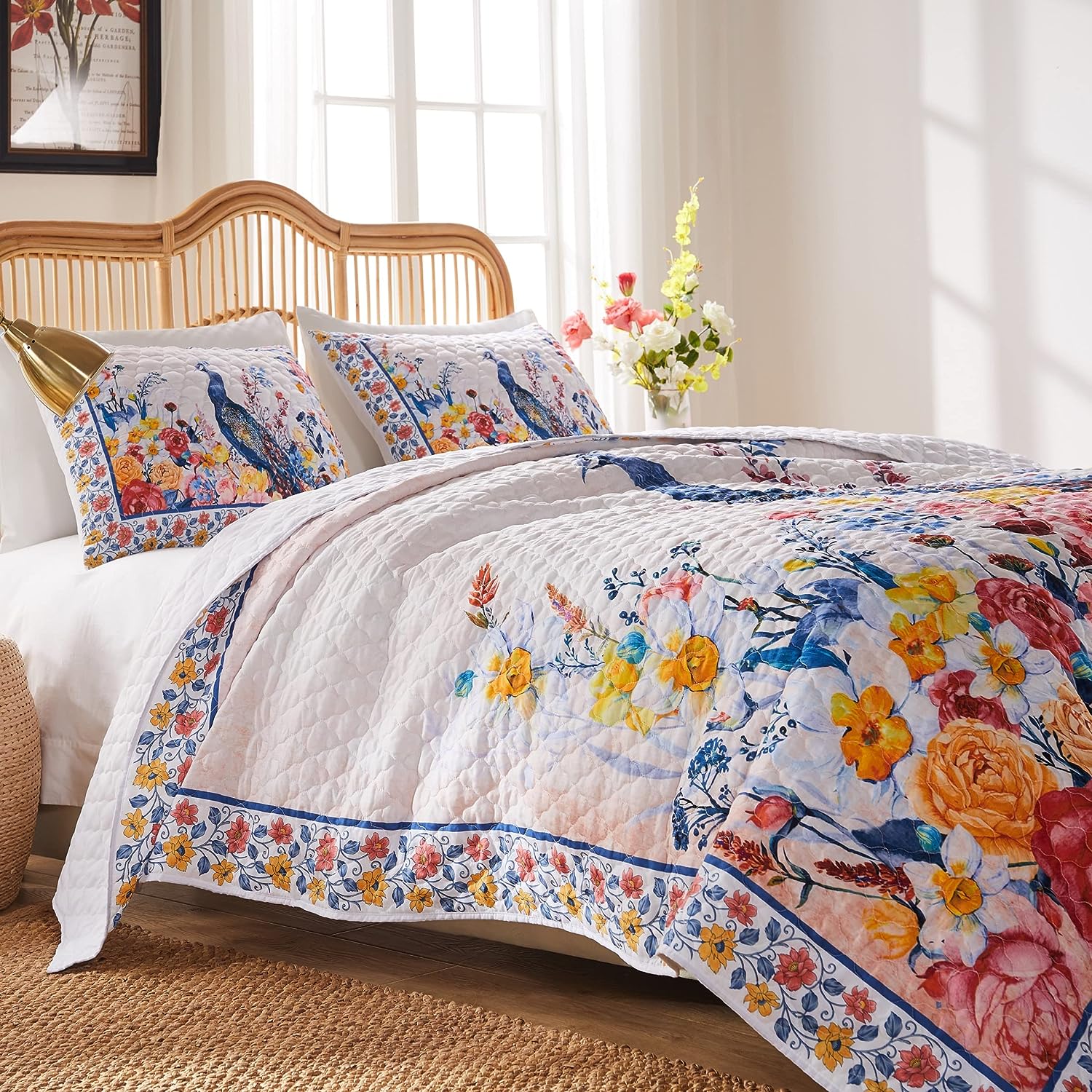  Greenland Home Fashions Huntington Peacock Garden Quilt Set - Gold - Bonton