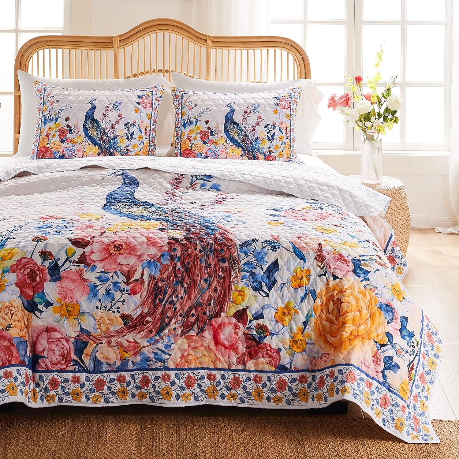  Greenland Home Fashions Huntington Peacock Garden Quilt Set - Gold - Bonton