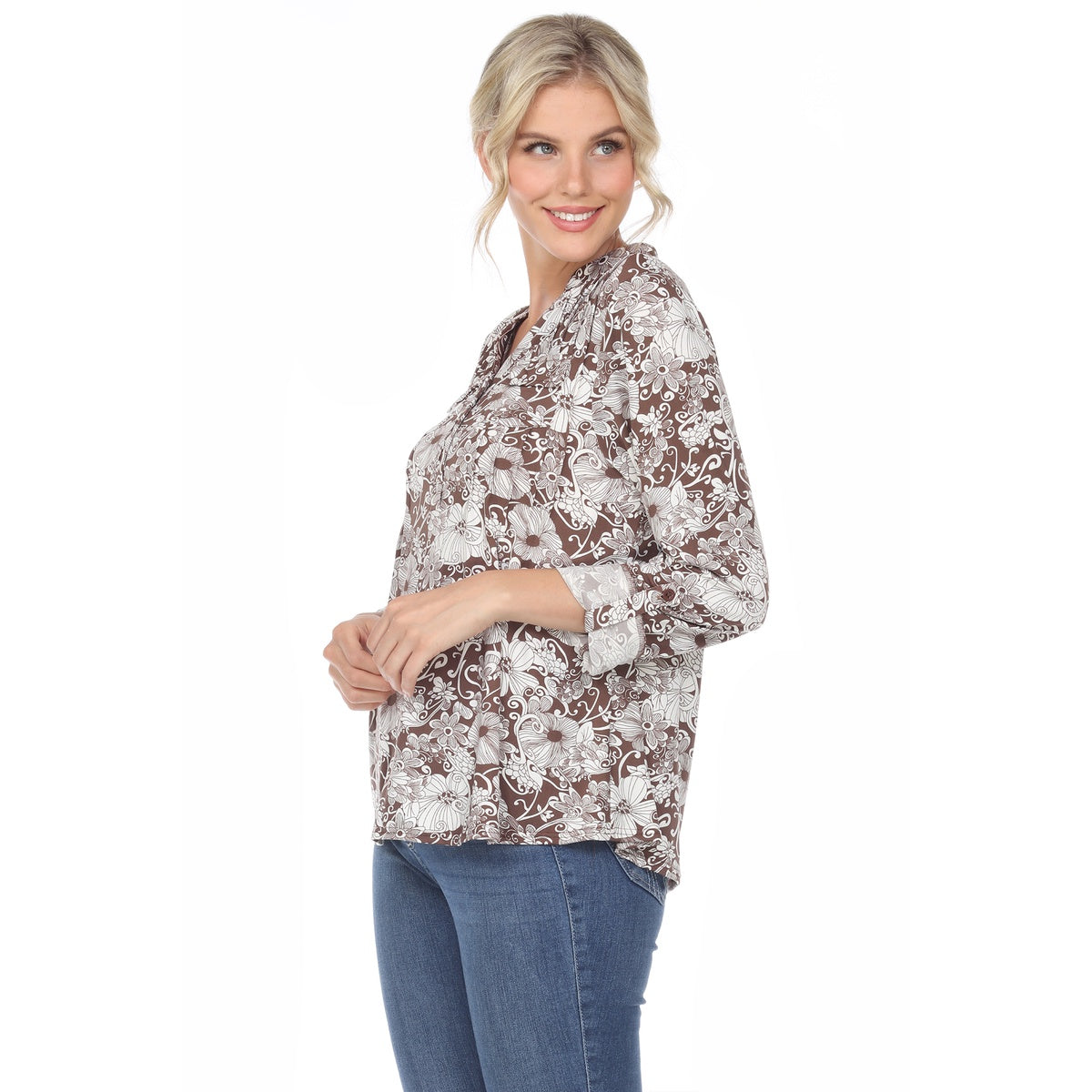  White Mark Women's Pleated Long Sleeve Floral Print Blouse - S - Bonton