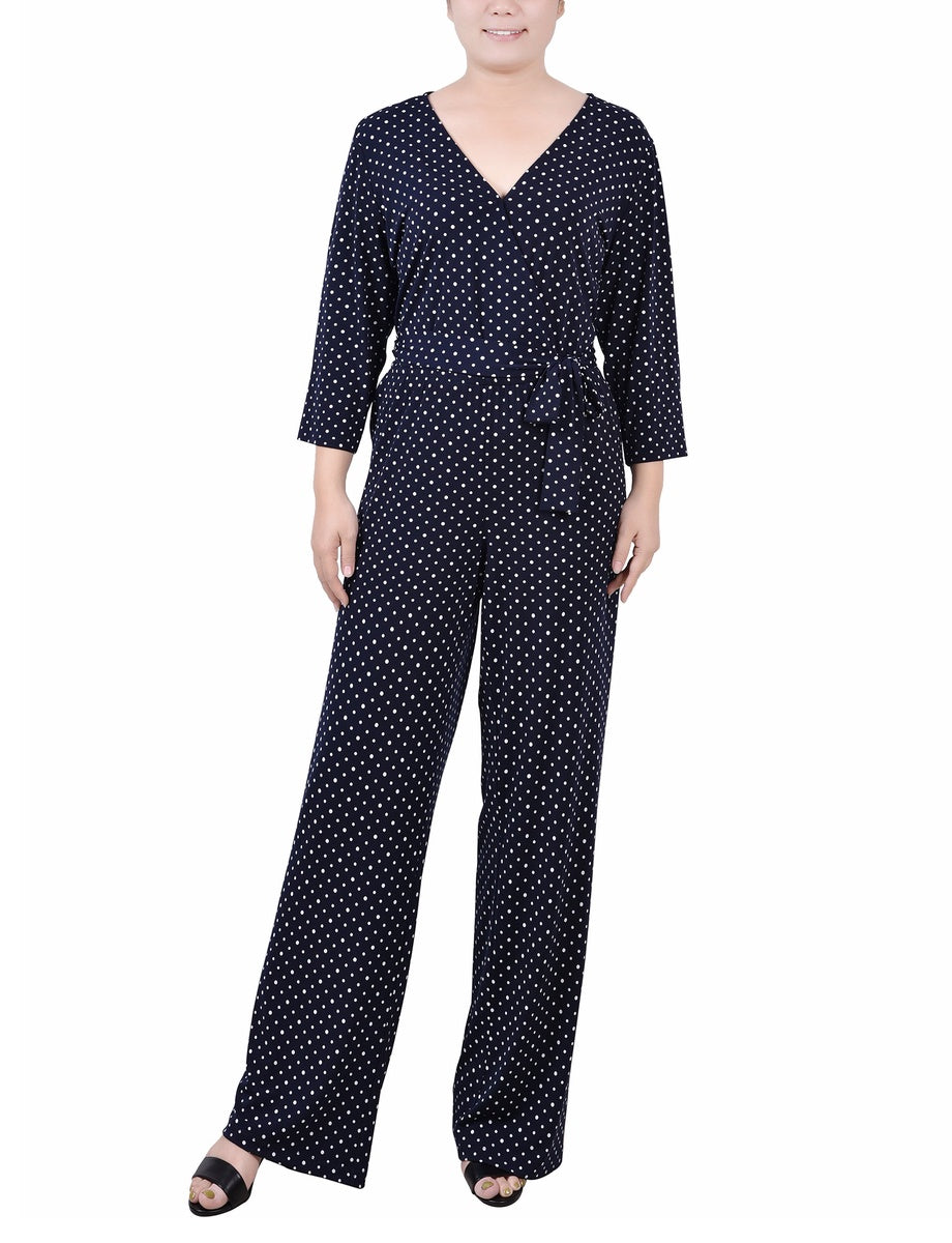  NY Collection Petite 3/4 Sleeve Belted Jumpsuit - Black - Bonton