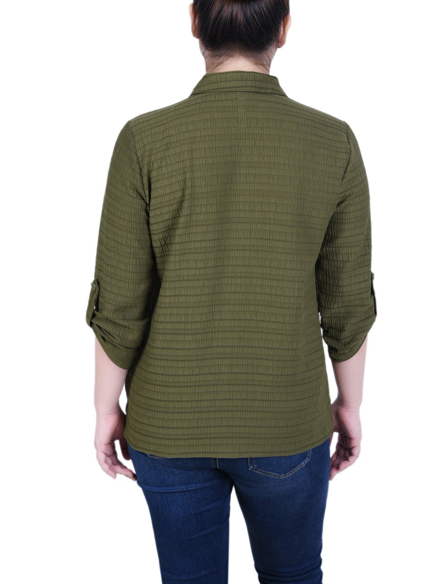  NY Collection Petite 3/4 Sleeve Woven Jacquard Blouse - Gibraltar Sea - Bonton
