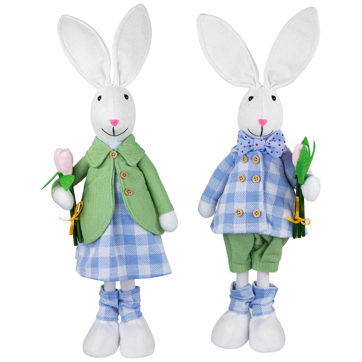  Northlight Bunny Couple in Matching Checkered Outfits Easter Figures - 18.75