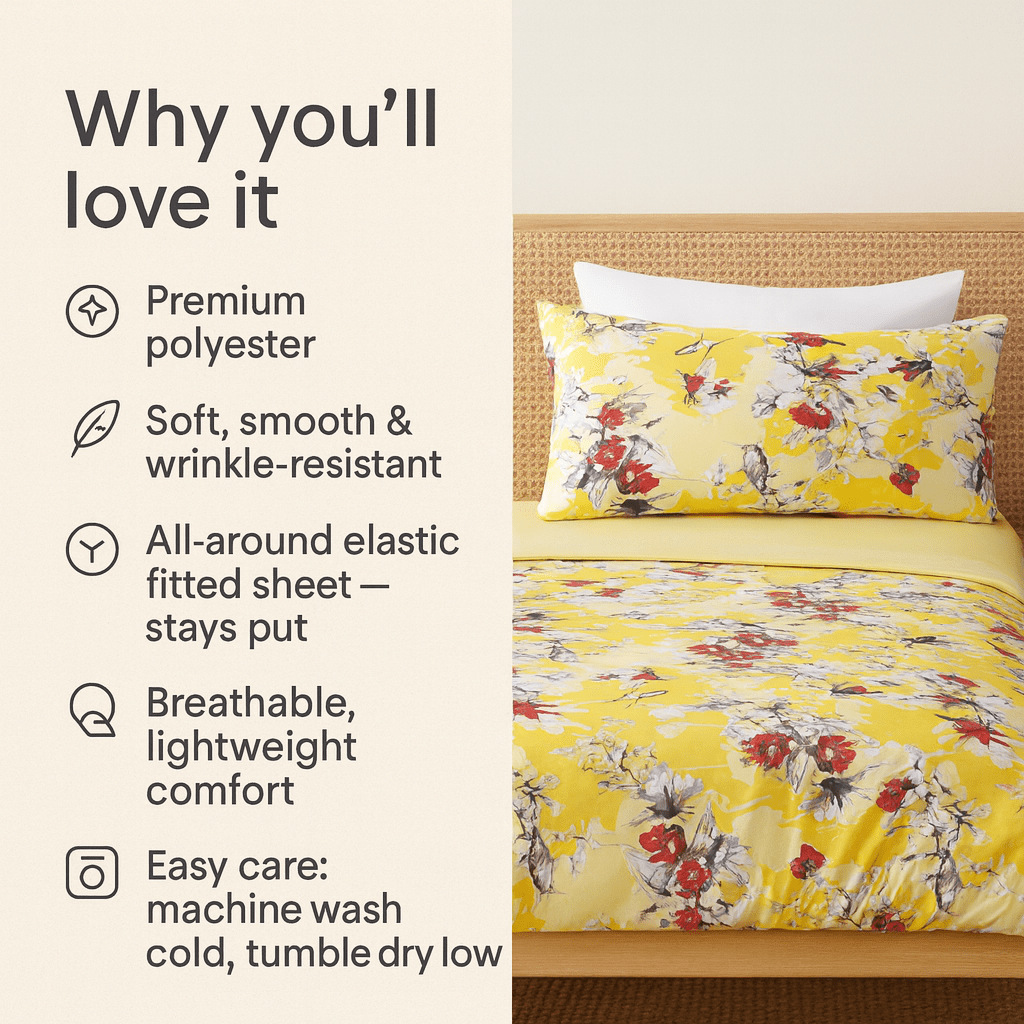  DaDa Bedding Collection DaDa Bedding Sunshine Yellow Hummingbirds Floral Fitted & Flat Bed Sheets Set (JHW-925) by DaDa Bedding Collection - Twin - Bonton