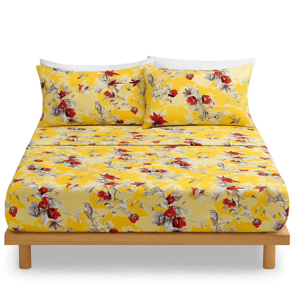  DaDa Bedding Collection DaDa Bedding Sunshine Yellow Hummingbirds Floral Fitted & Flat Bed Sheets Set (JHW-925) by DaDa Bedding Collection - Twin - Bonton