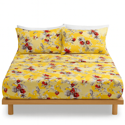 DaDa Bedding Sunshine Yellow Hummingbirds Floral Fitted & Flat Bed Sheets Set (JHW-925) by DaDa Bedding Collection