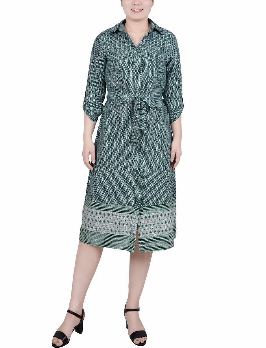  NY Collection 3/4 Roll Tab Sleeve Belted Shirtdress - Black Border - Bonton