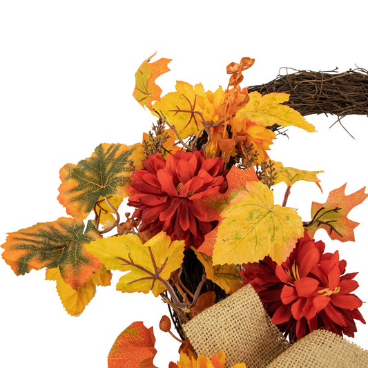 20" Fall Foliage With Mum Flowers Artificial Thanksgiving Twig Wreath - Unlit