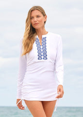 White Embroidered Convertible Ruched Rashguard