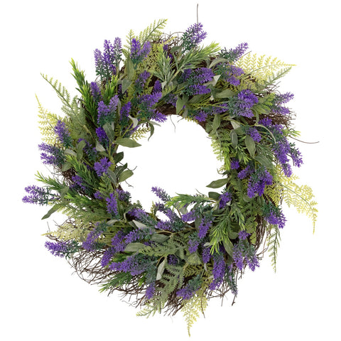 Lavender and Spring Foliage Artificial Floral Wreath  Purple - 24-Inch