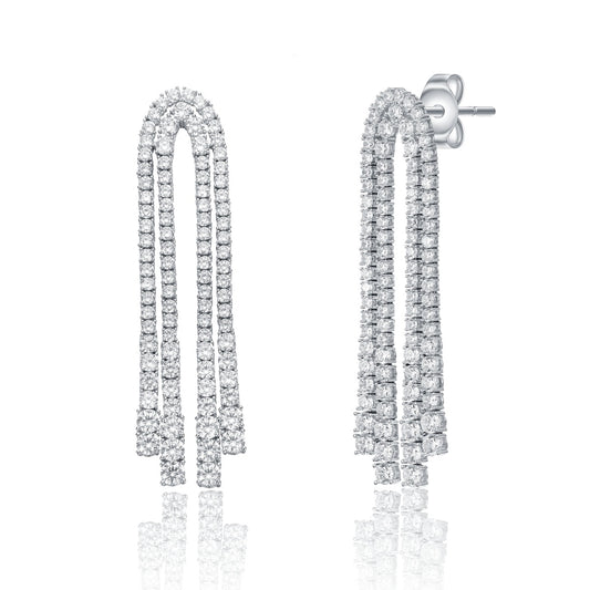 White Gold Plated Cubic Zirconia Linear Waterfall Fringe Dangle Earrings