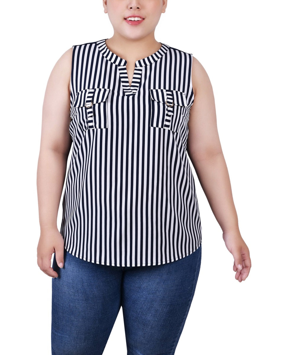  NY Collection Plus Size Sleeveless Y Neck Combo Blouse - Navy White - Bonton