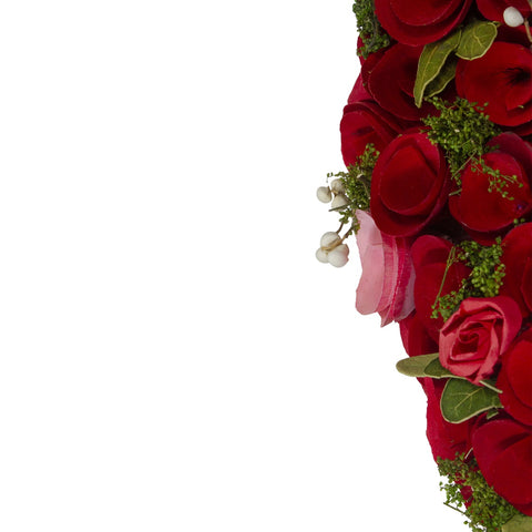 12" Red and Pink Wooden Rose With White Berries Artificial Wreath -Unlit