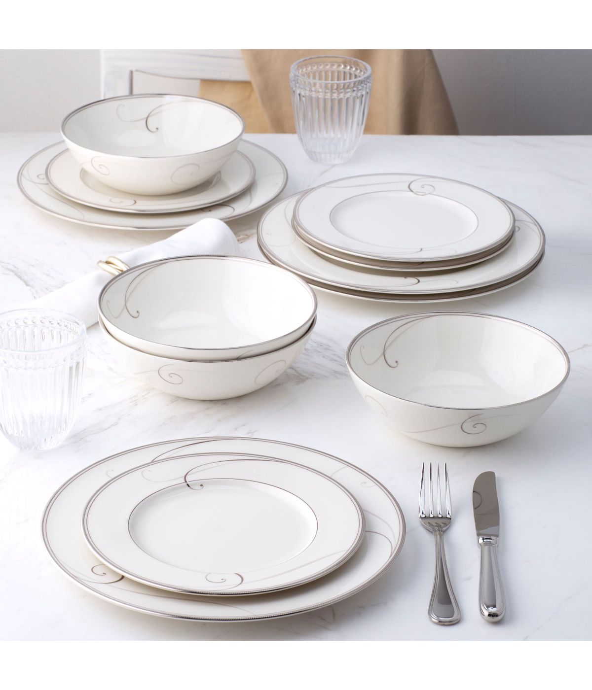  Noritake Platinum Wave 12 Piece Set, Service for 4 - White - Bonton