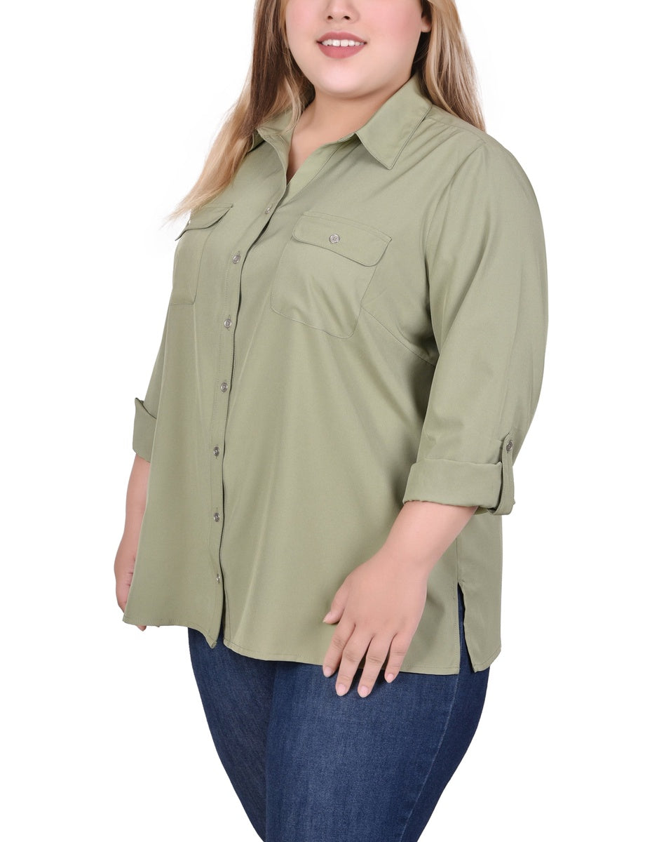  NY Collection 3/4 Roll Tab Blouse With Pockets - Ivory - Bonton