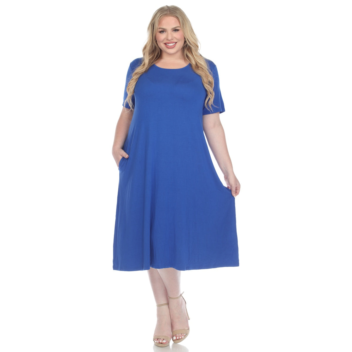  White Mark Plus Size Short Sleeve Pocket Swing Midi Dress - 3X - Bonton