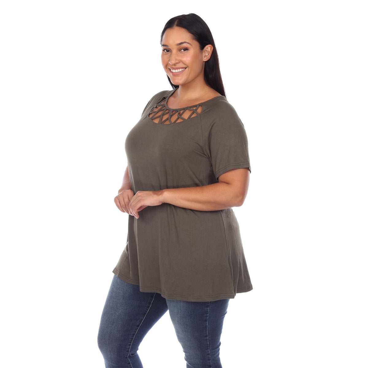  White Mark Plus Size Crisscross Cutout Short Sleeve Top - 1X - Bonton