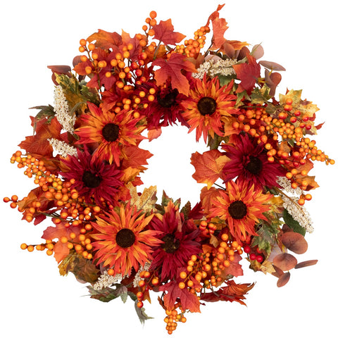 Leaves and Flowers Fall Harvest Wreath - 24-Inch  Unlit