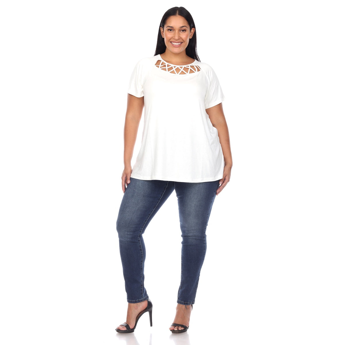  White Mark Plus Size Crisscross Cutout Short Sleeve Top - 1X - Bonton